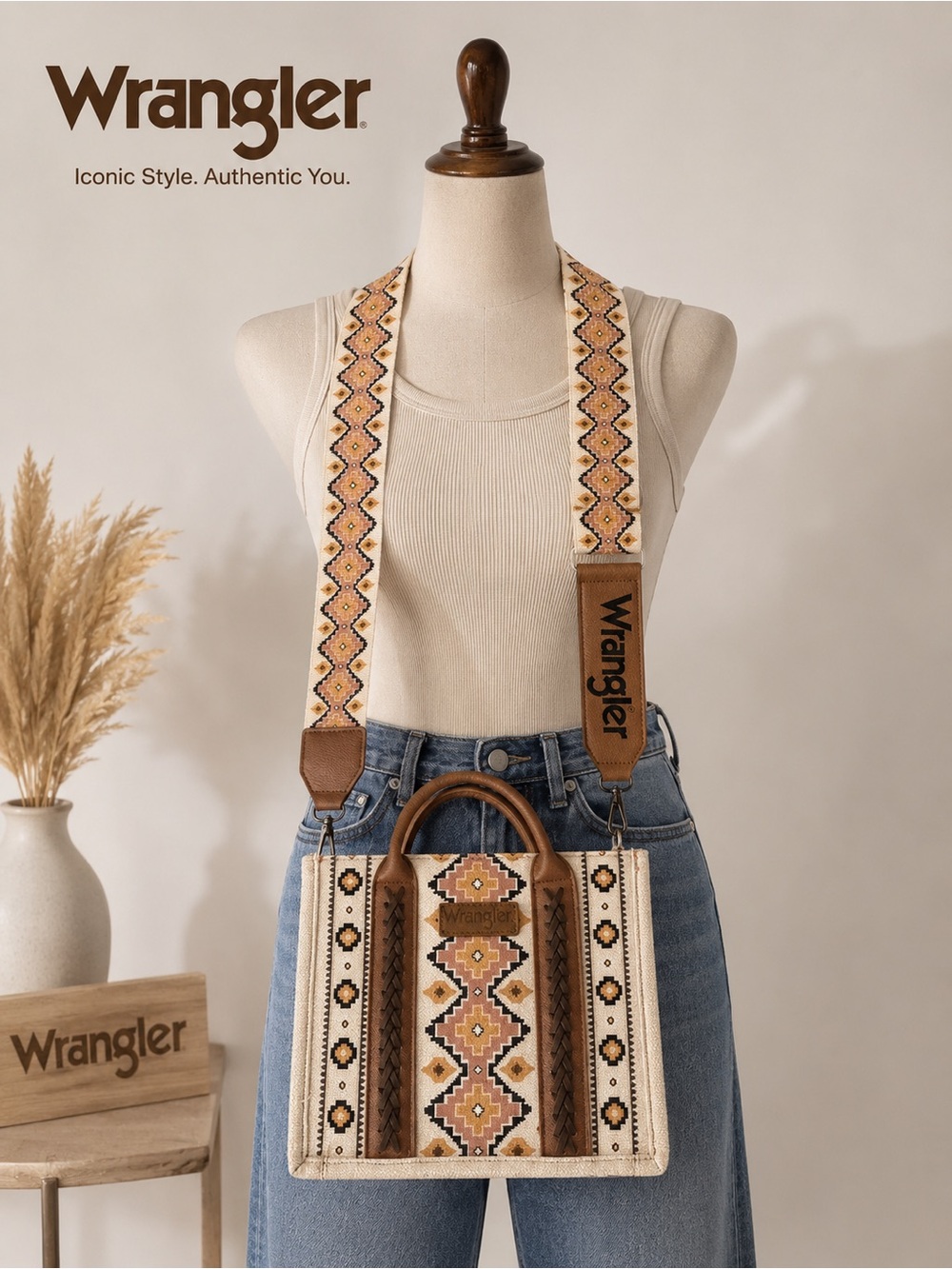 Wrangler Tan & Brown Embroidered Canvas Tote with Patterned Strap - NWT
